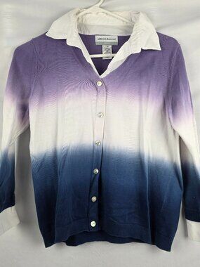 Alfred Dunner Purple Ombre Cardigan Sweater Button Up White Collared Petite PS